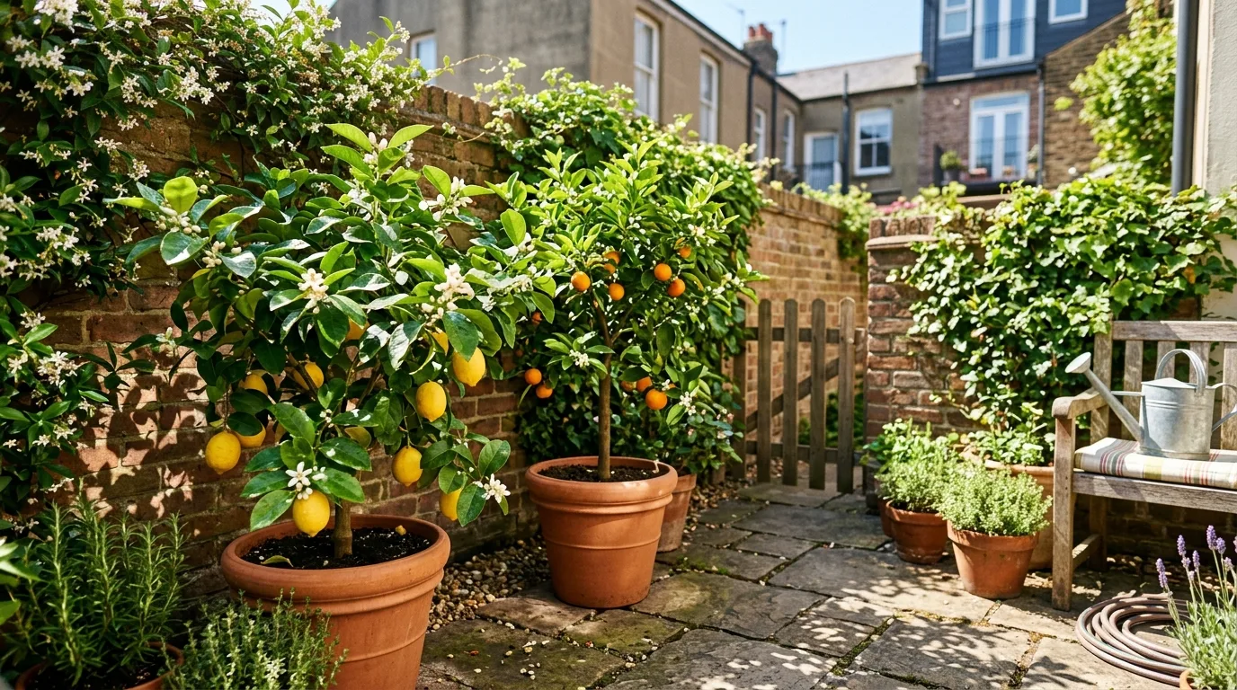 Potted Citrus Trees in a Small Backyard